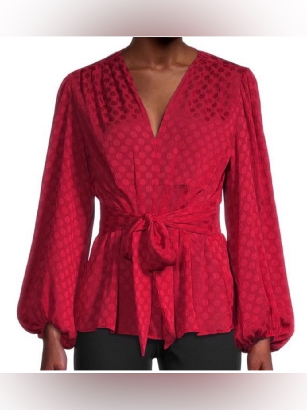 NWT Max Studio Crimson Red Polka Dot Satin Jacquard Puff Sleeve V-Neck Blouse XS